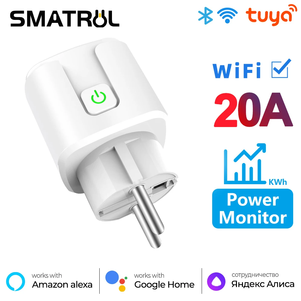 SMATRUL 20A Tuya WiFi EU Smart Plug Outlet 220V Power Monitor Wireless Socket Remote Timer Control For Google Home Alexa