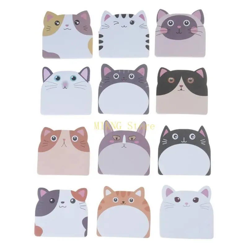 12pcs كرتون حيوان لزجة الملاحظة اللزجة ملاحظة لزجة غير مبطنة Pocke Memo Pad Cats Note Paper Ashesive 30 Sheets/Pad Best