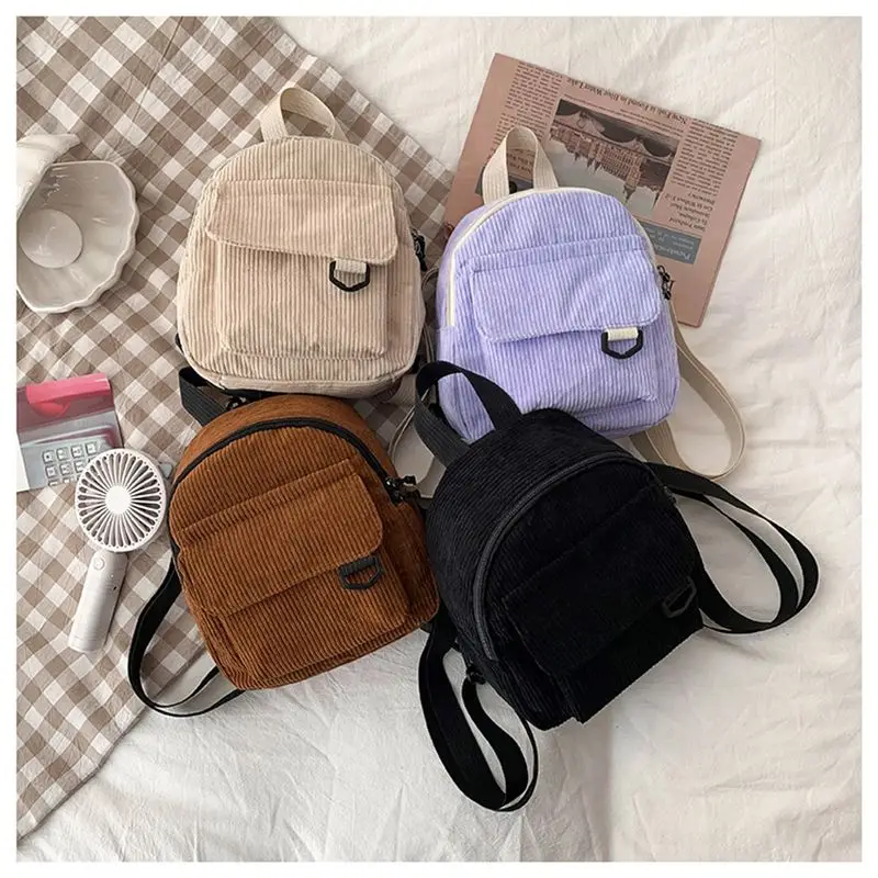 Women Mini Fashion Backpack Solid Color Corduroy Small Simple Casual Student Bookbags Traveling Backpacks