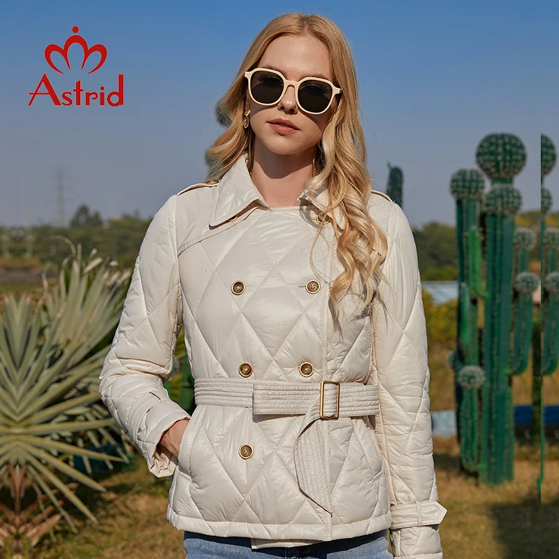 Astrid 2022 Spring Women Jacket Padded Short Argyle Coats Turn Down Collar Double Breasted Belt Thin Parkas Outerwear ZM-28T28