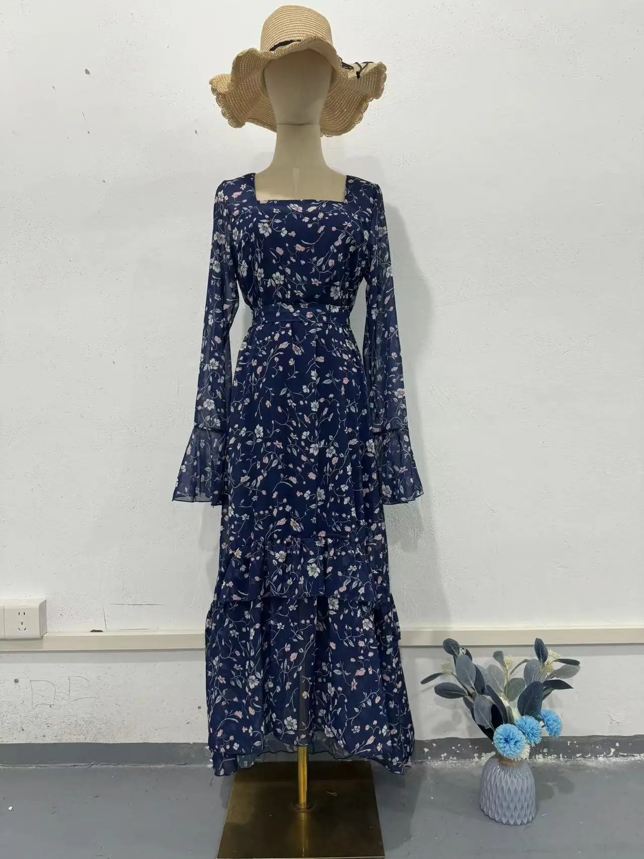 Women\'s High Waist Slim Maxi Dress Elegant Fresh Sweet Printed Chiffon Dress Asymmetrical Layered Lotus Sleeve Tie Dresses
