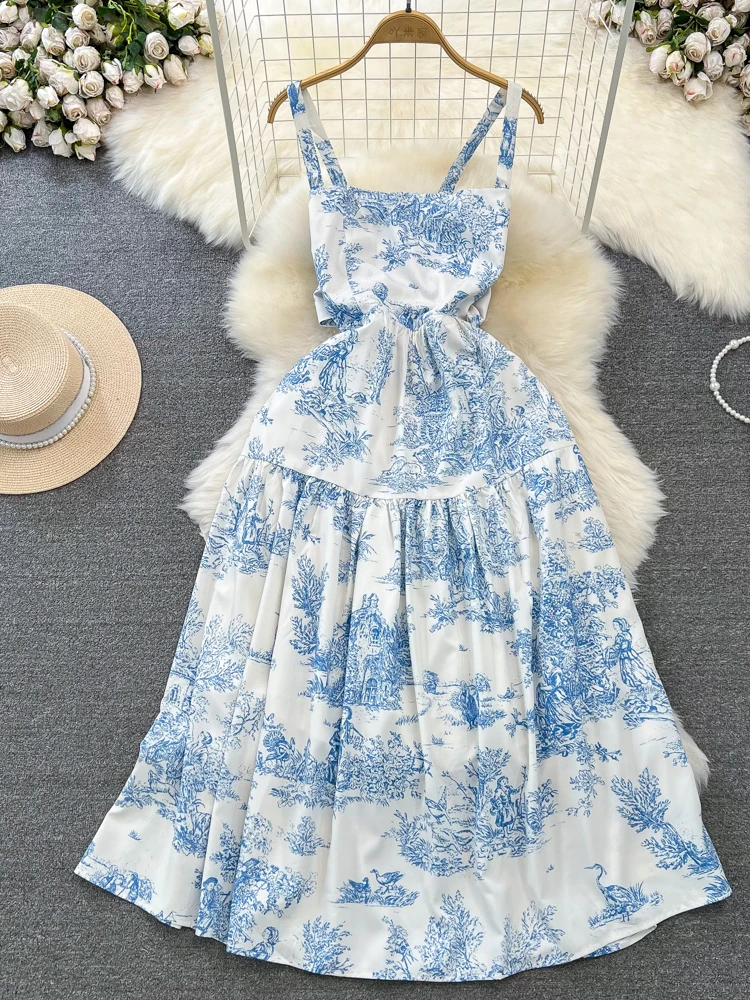 French Blue Floral Dress Women Sexy Backless Bow Printed Long Dresses Ladies Summer Vintage A-line Beach Dress Vestidos