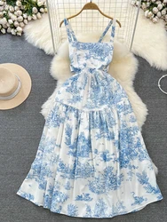 French Blue Floral Dress Women Sexy Backless Bow Printed Long Dresses Ladies Summer Vintage A-line Beach Dress Vestidos