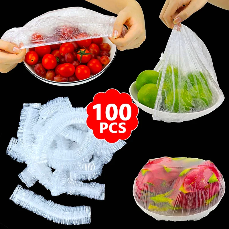 100 Buah Penutup Makanan Sekali Pakai Plastik Aman untuk Makanan Tutup Makanan Elastis Tas Pembungkus Kulkas Tas Penjaga Kesegaran untuk Sayuran Buah