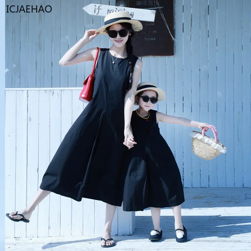 2025 일치하는 어머니 딸 옷 순수 코튼 민소매 a 라인 드레스 여름 휴가 착용 캐주얼 우아한 새로운 해변