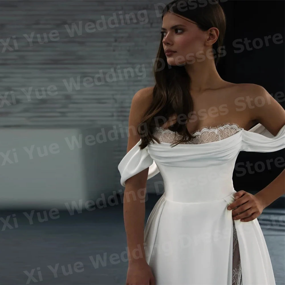 Elegant A Line Women's Wedding Dresses Lace Off Shoulder Vestido De Novia Bride Gowns Customized Sleeveless Side Slit Vestido
