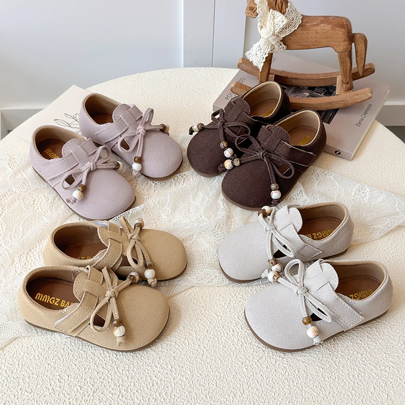 Bow Bead Decoration Suede Leather Children's Casual Leather Shoes Autumn Girls Comfortable Soft Bottom Anti Slip Single Shoes