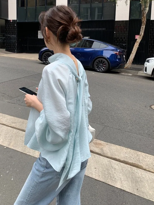 

Ele Summer New Sle Loose Thin Long Sve irt Ba Strap Design Women's Top Chic Aosphere Design Sense Fem Garment