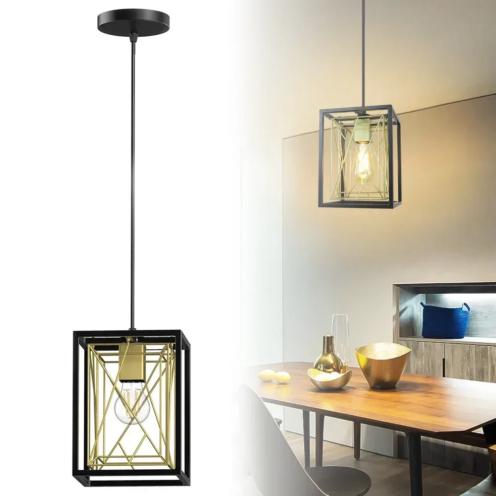 Modern Industrial Pendant Light Farmhouse Chandelier with Rectangle Geometric Cage Hanging Adjustable for Kitchen E26