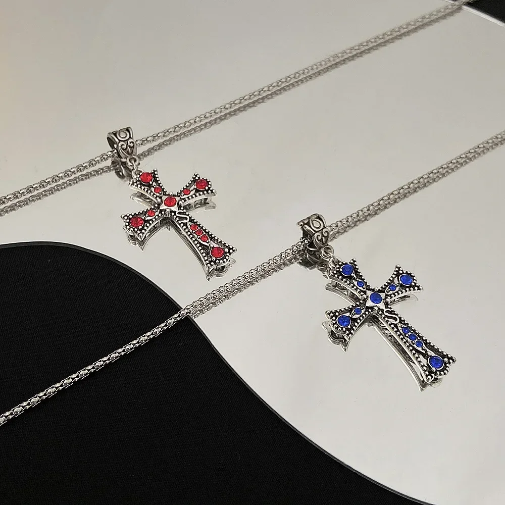 Vintage Baroque Christian Cross Necklace for Women Man Silver Color with Crystals Gothic Crucifix Symbol Easter Unisex Jewelry