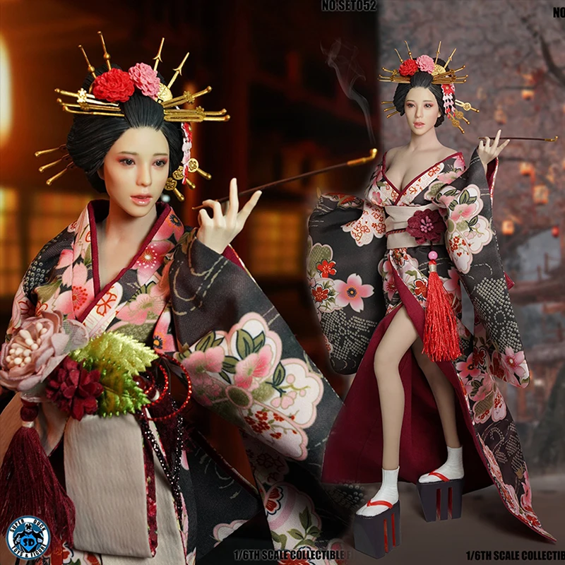 SUPER DUCK SET052 1/6 Japanese Geisha Head Sculpture Kimono Costume Set Model Fit 12'' TBL S12D Suntan Big Breast Action Figure