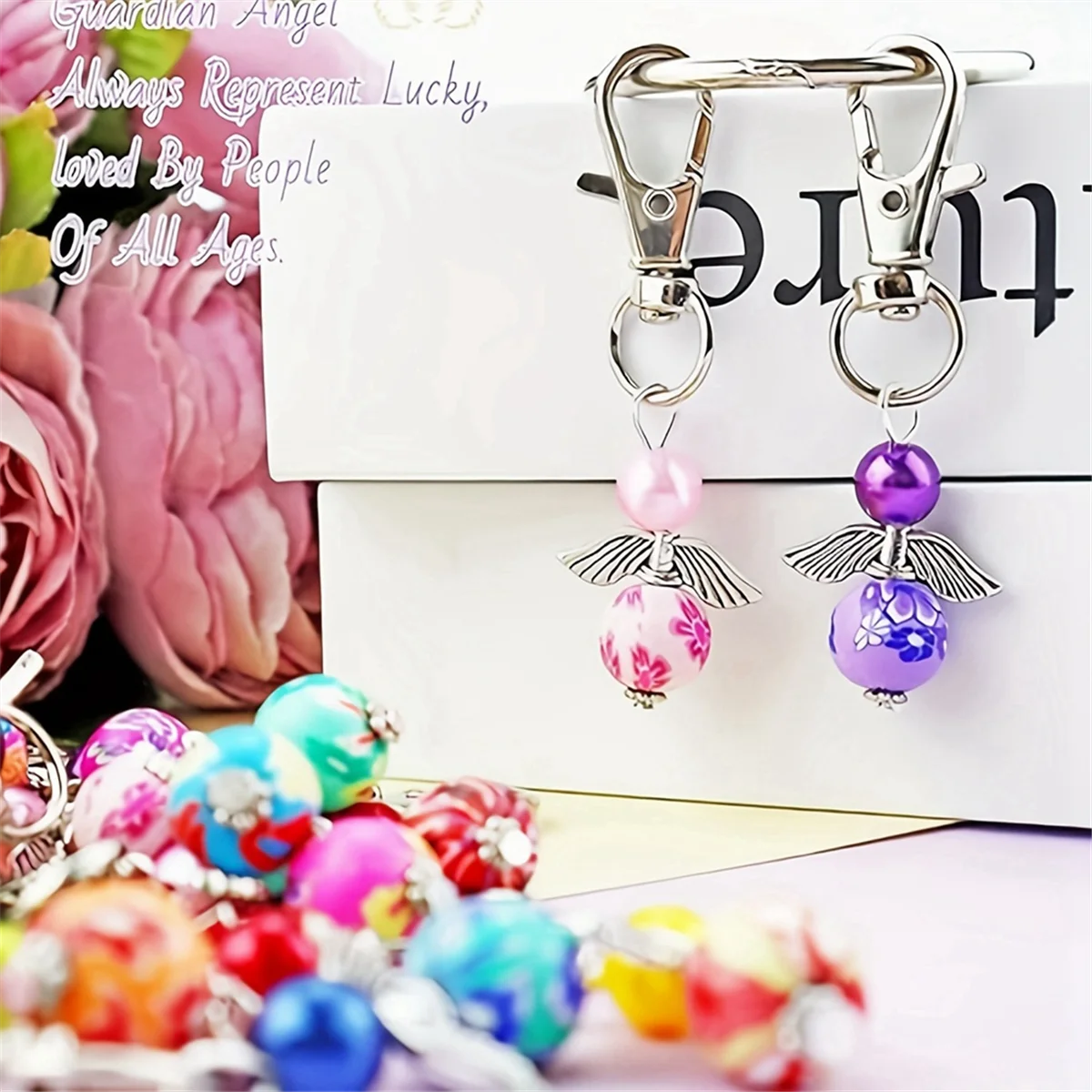 SEMOIC 20 Pcs Angel Wing Beads Angel Pearl Beads Pendant Keychain, with Swivel Clasps Hook for Bag Pouch Purse Key Holders