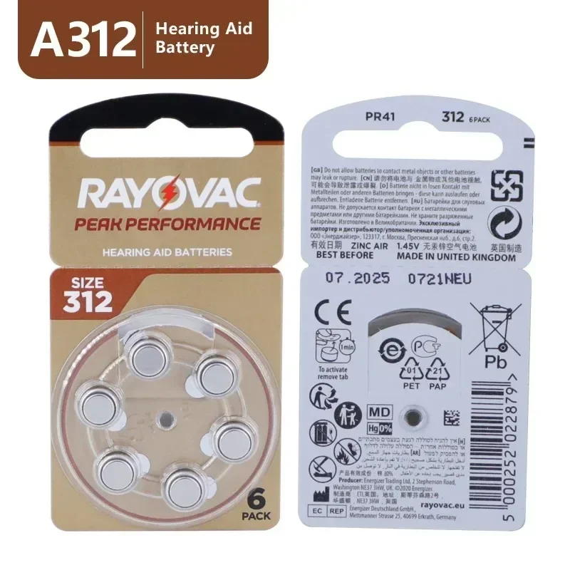 6-60 SZT. Baterie do aparatów słuchowych Rayovac PEAK 1.45V High Performance 312 312A A312 PR41. Bateria do aparatów słuchowych BTE CIC RIC OE — zdjęcie produktu 3