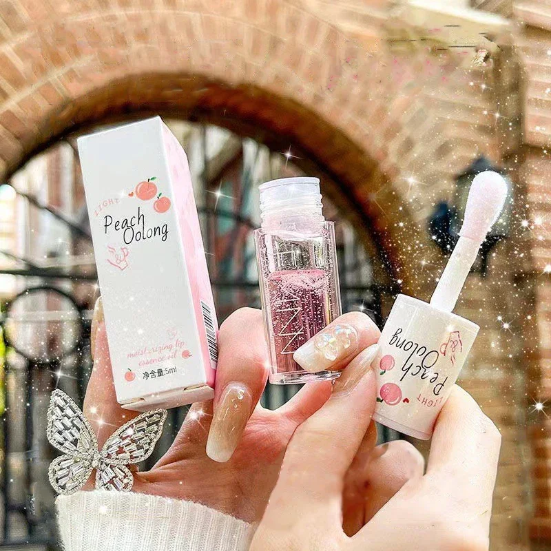 Pfirsich-Honig-Lippenöl lindert trockene, feuchtigkeitsspendende Lipgloss, verblasst Lippenlinien, Wasser, leicht, großer Bürstenkopf, Lippenpflegeserum, Kosmetik