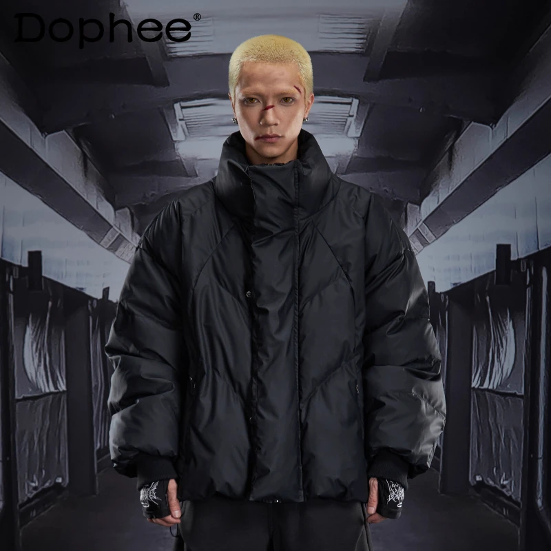 

2025 зимние новые модные универсальные куртки для мужчин и женщин, модные парки из искусственной кожи с воротником-стойкой на молнии, свободные утолщенные стильные парки