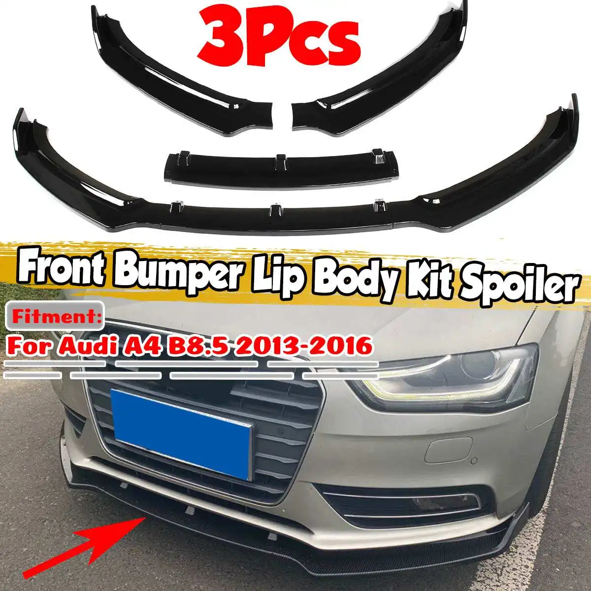 

3Pcs A4 B8.5 Car Front Bumper Splitter Lip Spoiler Diffuser Protector Body Kit Spoiler For Audi A4 B8.5 2013 2014 2015ssy Black