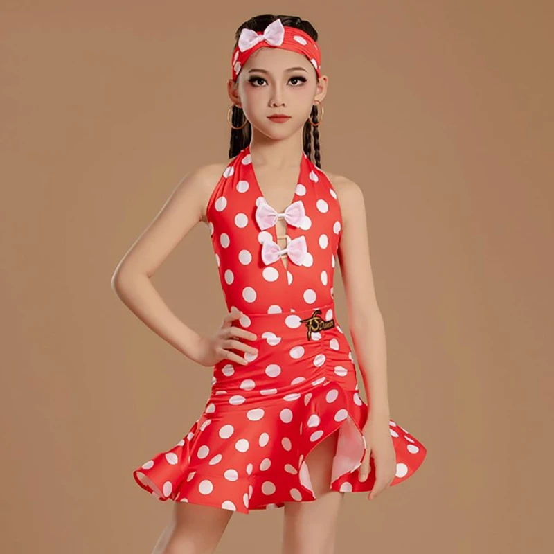

Latin Dance Dress Girls Kids Summer New Wave Point Halter Backless Competition Dancewear Retro Training Performance Costume