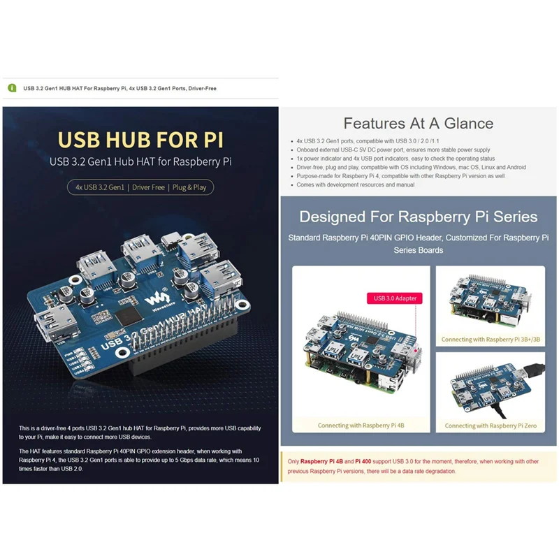 Waveshare USB 3.2 Gen1 HUB HAT Expansion Board per Raspberry Pi 4 B 3 B + 3 B 2B Zero Zero 2 W Zero WH,Plug and Play