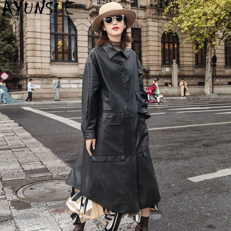 

AYUNSUE Genuine Sheepskin Leather Jacket Women 2023 Elegant Loose Trench Coat Long Black Leather Jackets Woman Leather Coat SGG