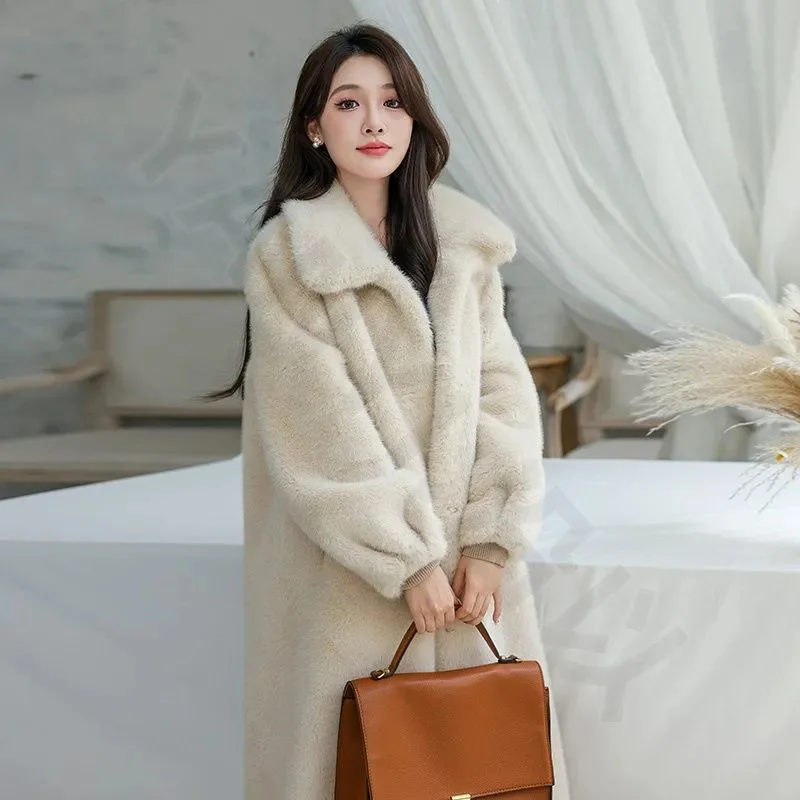 Casaco de pele sintética feminino inverno imitação de vison casaco de meia idade feminino casacos de vison de comprimento médio integrado casaco solto