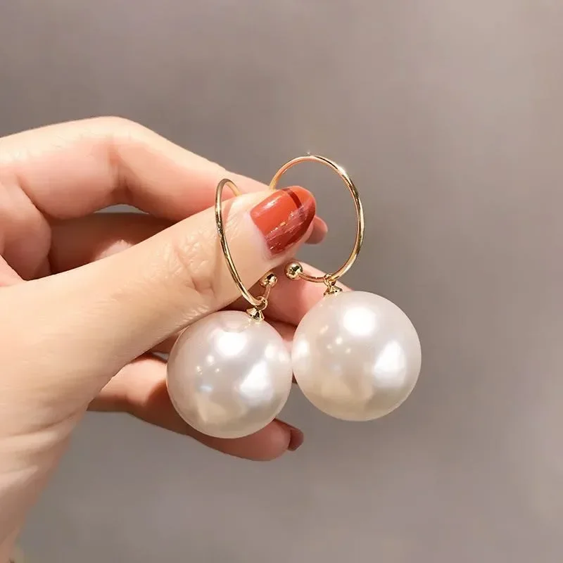 Minar Elegant Oversize Pearl Hook Earrings for Women Lady Korean Big Simulated Pearl Dangle Earrings Wedding Jewelry Oorbellen