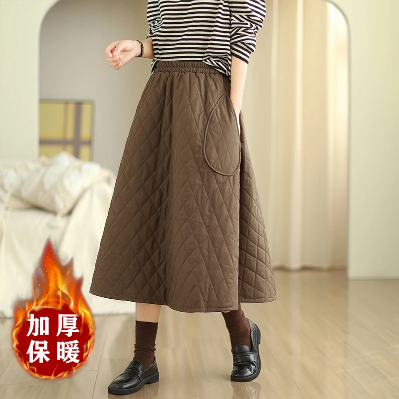 2024 New Arrival Autumn/winter Women Casual Loose A-line Pockets Mid-calf Skirt Warm Thickened Vintage Elastic Waist Skirts