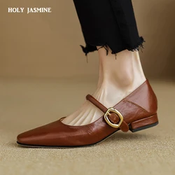 Low Heels Women Pumps Fashion Buckle Strap Mary Janes Genuine Leather Spring Summer Casual Working Shoes Woman 2024 White Heels