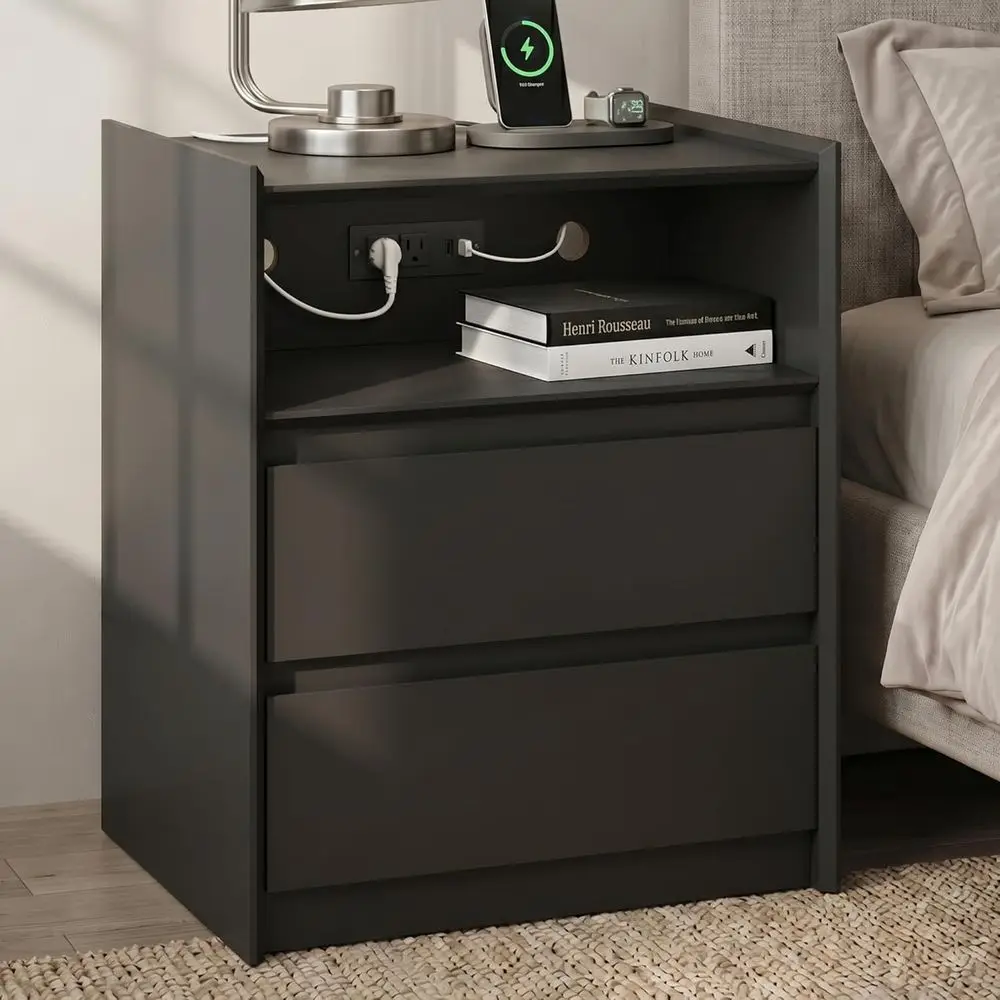24 High Nightstand with USB-C Charging, Modern Black Bedside Table & Sofa Side Table - 2 Drawers, 1 Pack
