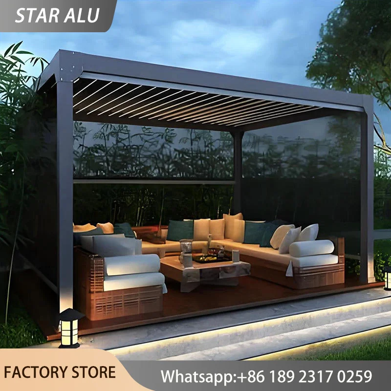 Modern Aluminum Pergola Gazebo Louvered Roof Outdoor Patio Canopy Heavy Duty Waterproof Sun Shade Shelter with Zip Screen Garden