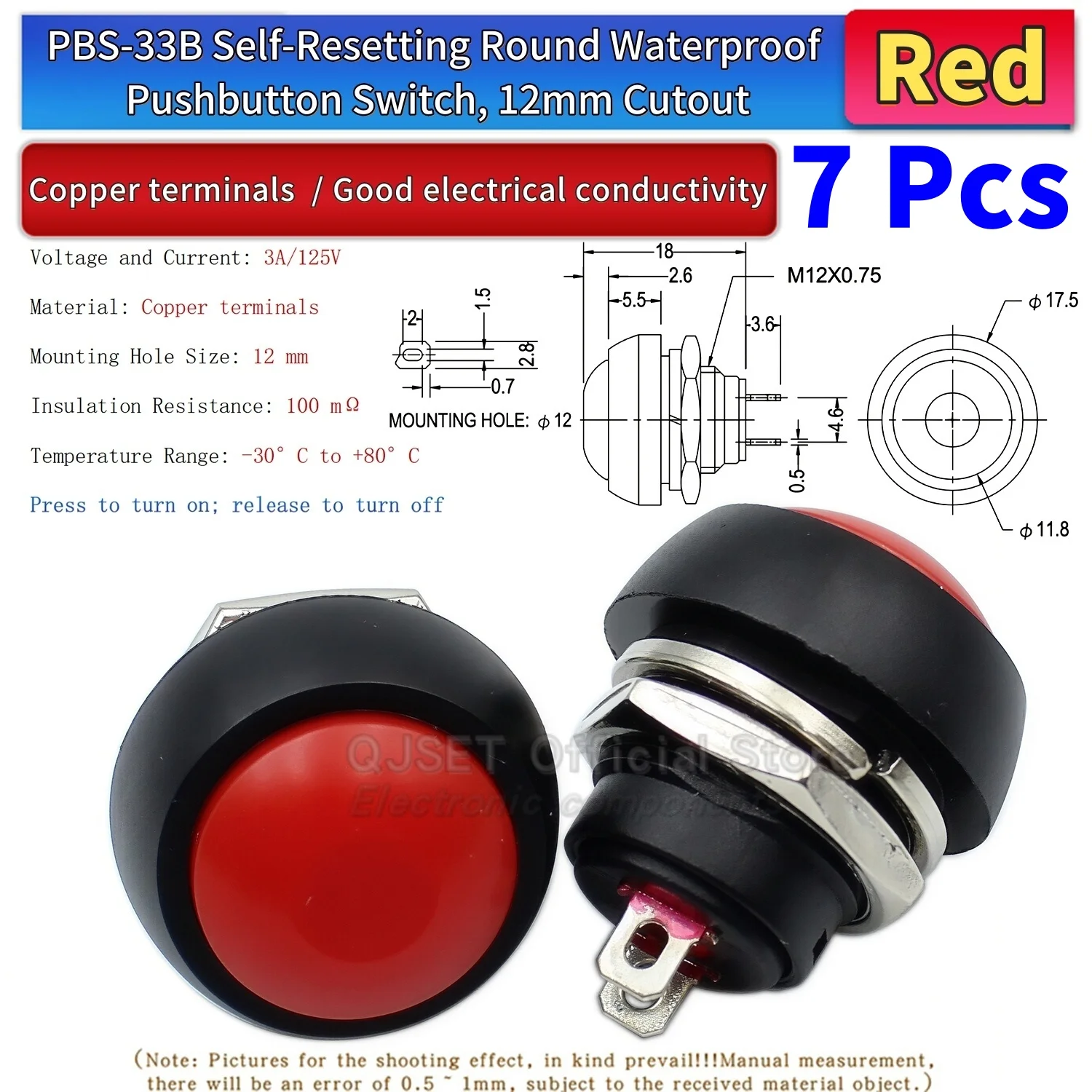 7-teiliges PBS-33B-Set, Mini-Druckknopf aus Kunststoff mit rundem Kopf, EIN/AUS-Tastschalter, 2-polig, 12 mm, wasserdicht, Power-Reset, nicht verriegelbar – Detail 7