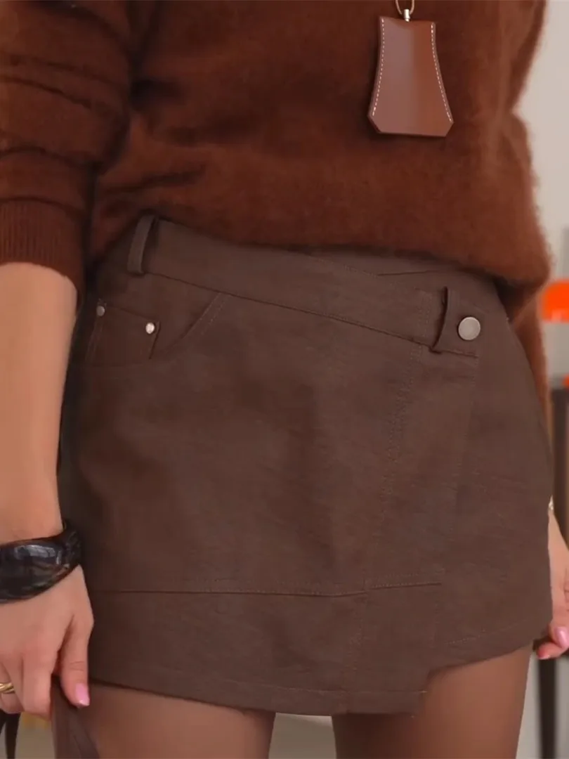 

FINEWORDS Korean Irregular Button Casual High Waist Skirt Women Vintage A Line PU Skirt Streetwear Inner Lining Harajuku Skirt