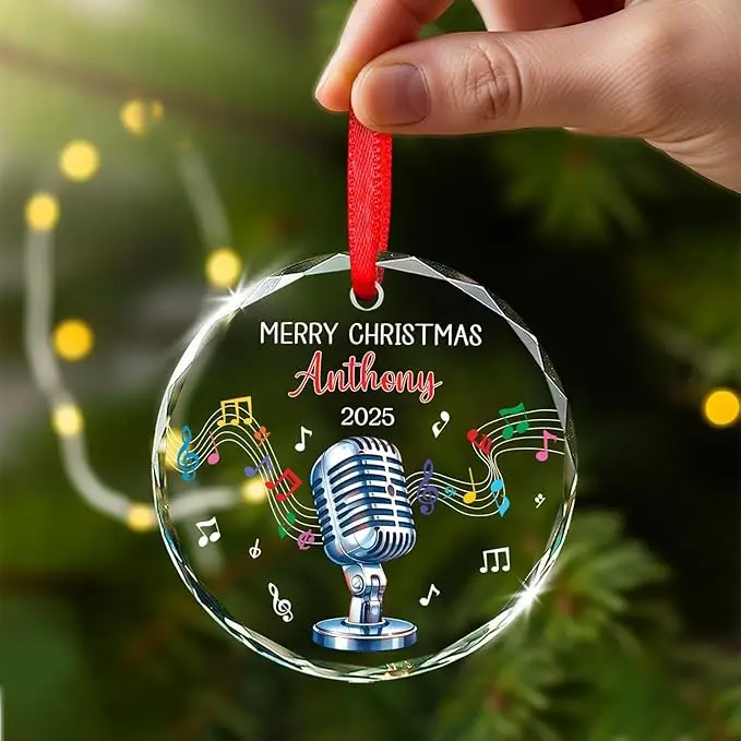 Ornamento de vidro de microfone personalizado natal 2025, presentes de ornamentos de natal de microfone para fãs de karaokê de cantor