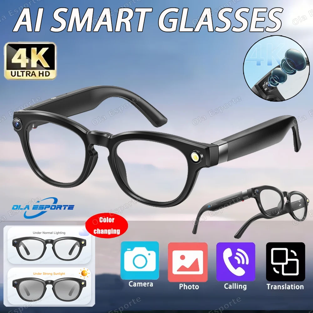 New 4K 800W HD AI Smart Camera Glasses Video Recording Voice Assistant Control Translation Bluetooth Calls Color-change Lenses