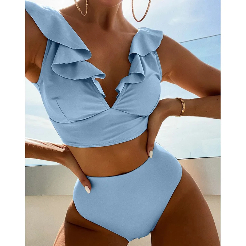 Conjunto de biquíni de cintura alta feminino, maiô sem mangas, decote em v, plissado, monocromático, moda praia, primavera quente à beira-mar, verão, novo, 2021