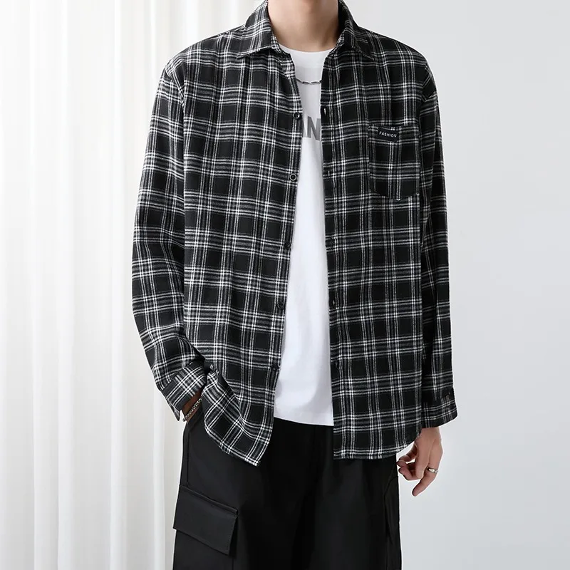 Retro Japanese Plaid Long Sleeve Casual Shirt Men's Loose Fit Collared Versatile Couple's Fashionable Shirt Cotton Material