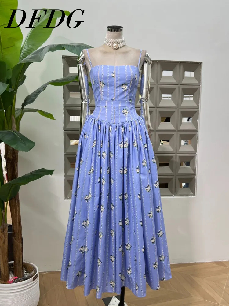 فستان DFDG نسائي طويل بطبعة زهور مكشوف الأكتاف وحزام سباغيتي بدون أكمام وخصر بوهيمي للشاطئ لربيع وصيف 2025 #1