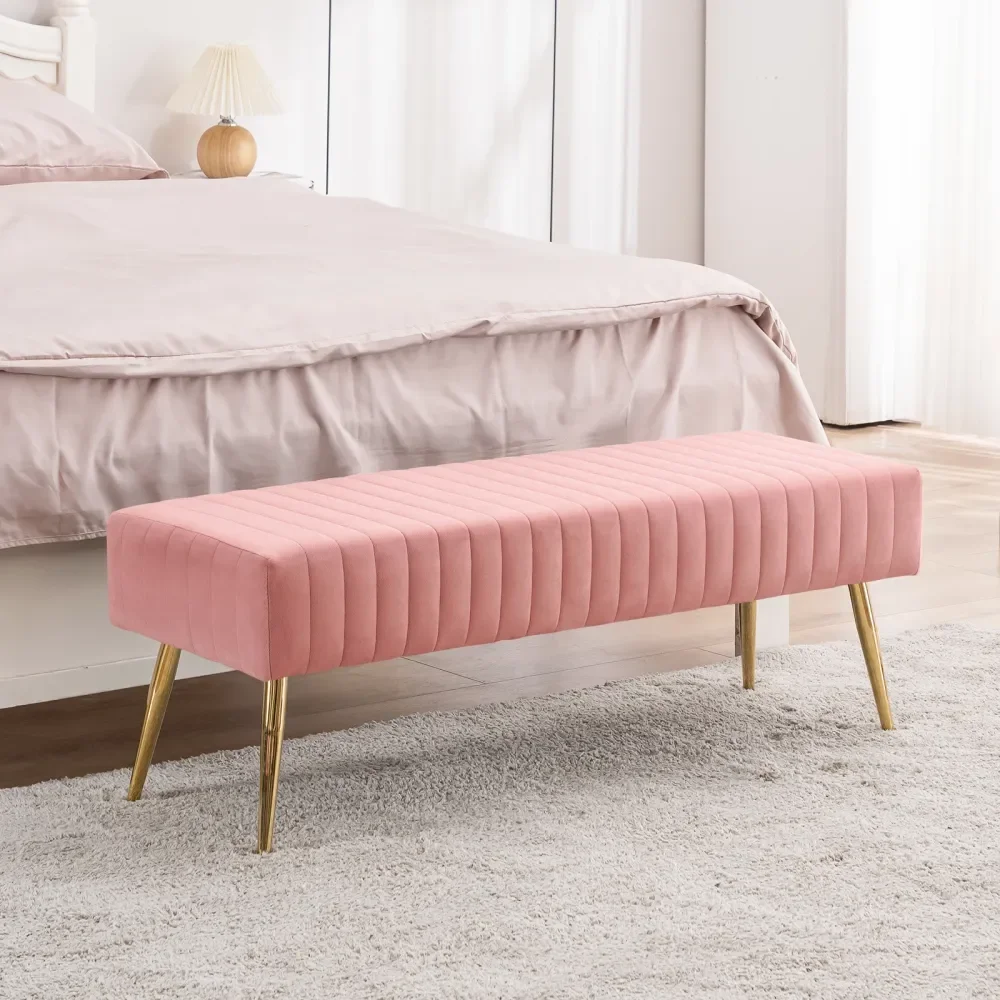 

44.75 Pink End Of Bed Bench Modern Tufted Velvet Ottoman Bench With Gold Legs Upholstered Vanity Bench Luxurious Entryway Bench