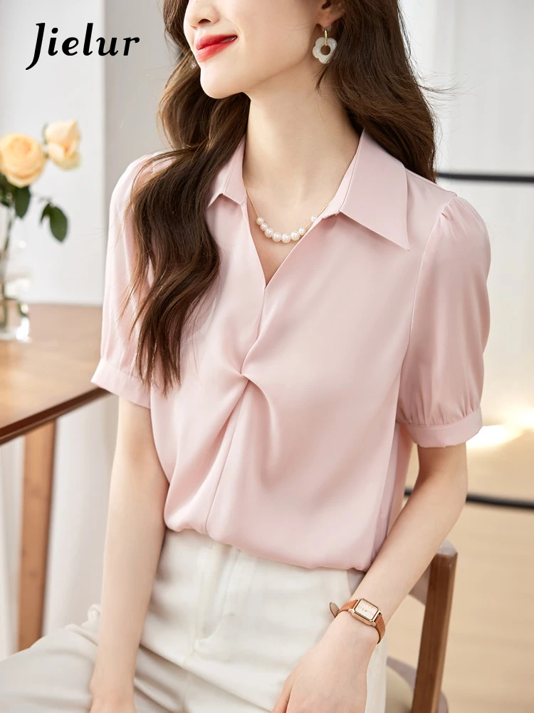 

Jielur Summer New Korean Solid Color Women Blouse Slim Ladies Sweet Elegant Blouse Woman Pink Puff Sleeves Chiffon Top Female