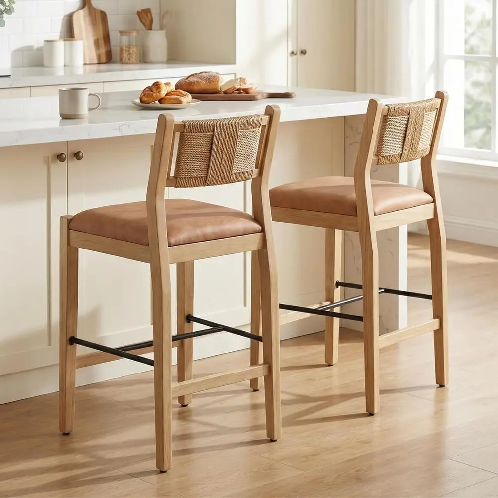 

Комплект из 2 барных стульев высотой до столешницы, 26,5 дюймов, с обивкой из искусственной кожи, плетеные стулья в стиле бохо для кухонного острова/бара/столовой, коричневые