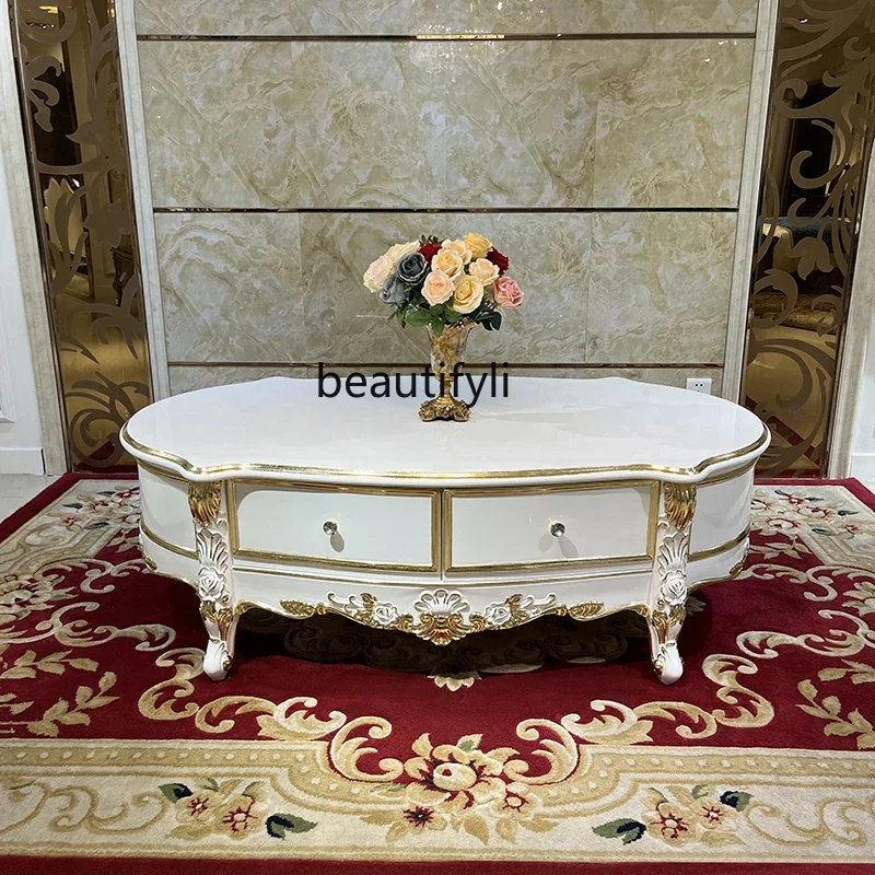 

A90 French solid wood oval coffee table, European style fashionable neoclassical solid wood tea table with drawers