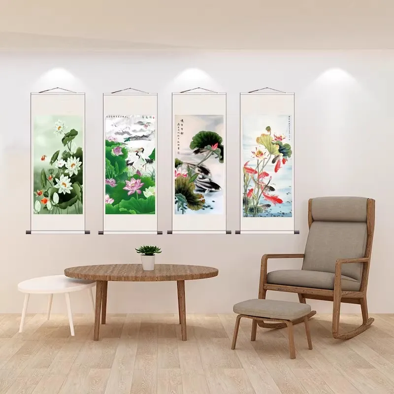 Lotus & Carp Fish Chinese Wall Scroll, Traditional Hanging Art for Tea House Living Room Study Decor