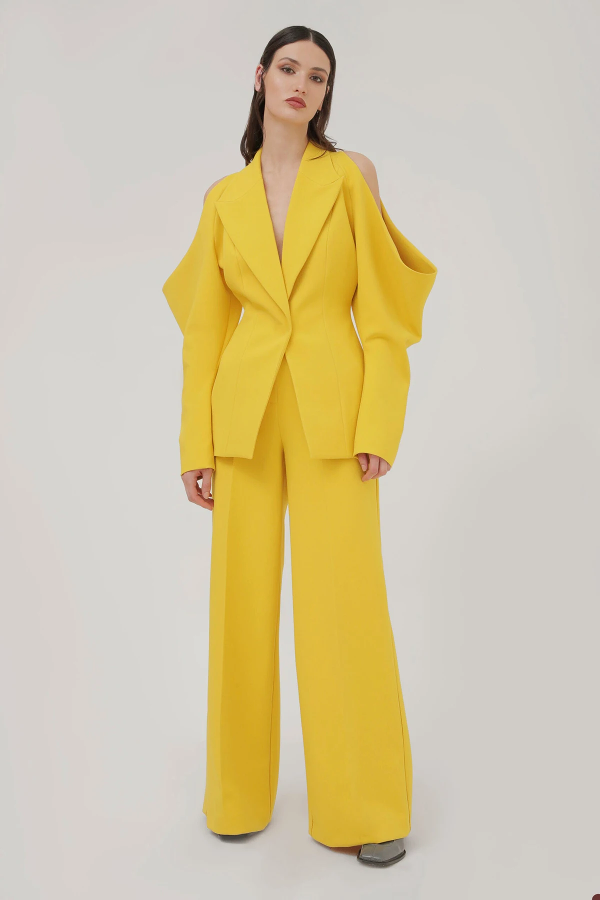 Blazer de manga larga con un botón para mujer, traje de 2 piezas, pantalones de pierna ancha hechos a medida, color amarillo