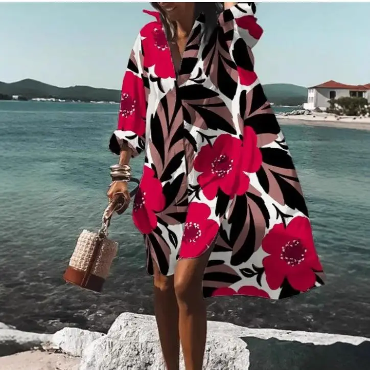 

Women's Printed Beach Cover Jaet irt Collar Casual Sle Digital Print Elastied Cuff Ultra-Thin Knitted Top
