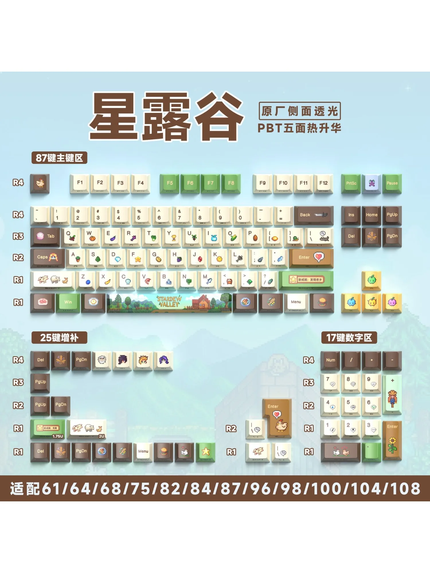 129 Klawiszy z Motywem Stardew Valley, Nakładki na Klawisze z Bocznym Grawerem, Przezroczyste Nakładki Cherry PBT do Klawiatury Mechanicznej Wooting60He — zdjęcie produktu 7