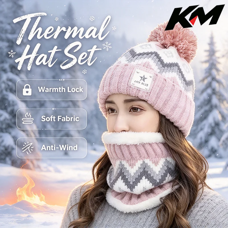 2PCS/Set Winter Women Plush Velvet Hats Neck Warmer Hat Scarf Set Beanies Cycling Windproof Hat Outdoor Ear Protection