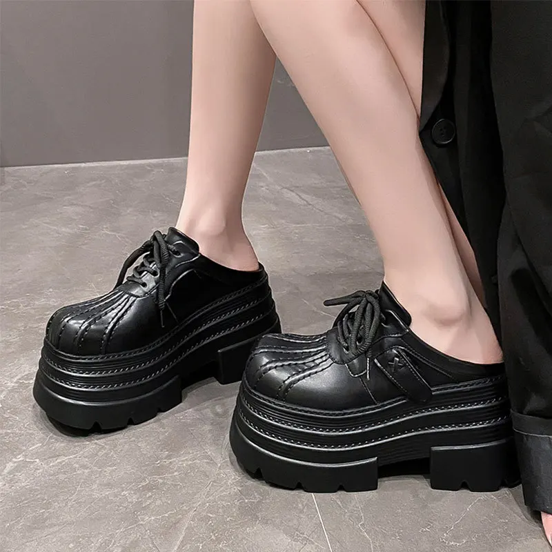 

New Grunge Punk Platform Mules Women's Lace Up Faux Leather Casual Backless Gothic Shoes Teen Girl Chunky Mules Slippers Woman