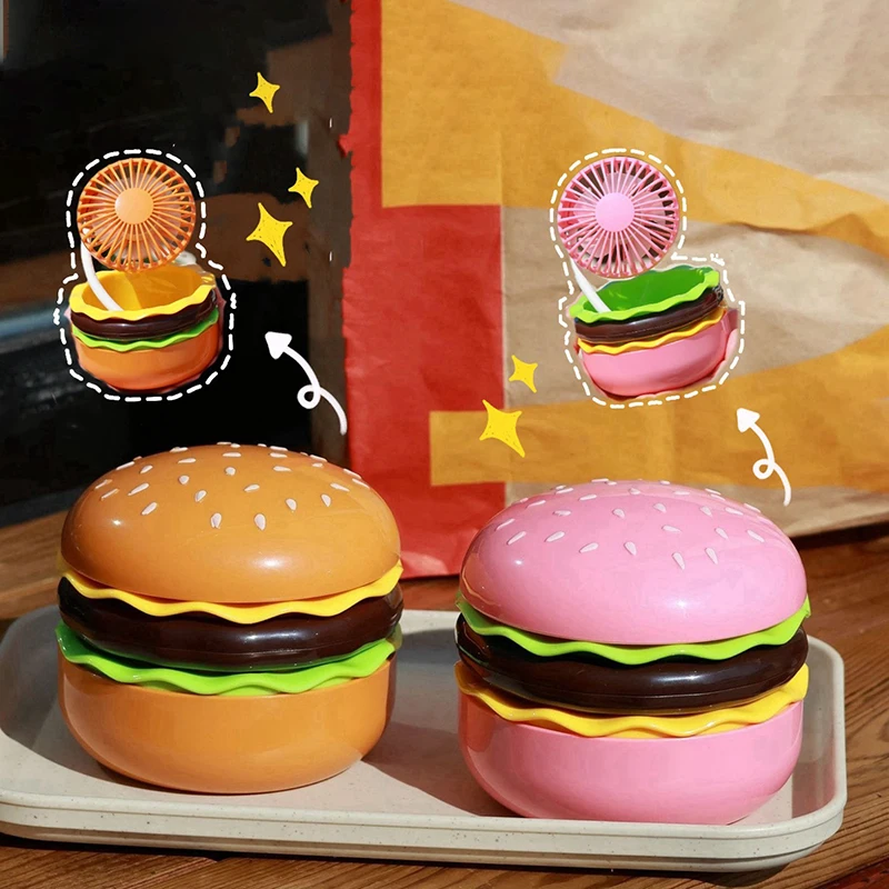 1Pcs Creative New Cartoon Hamburger Desktop Fan USB Charging with Beauty Mirror Fun Portable Handheld Mini Fan Birthday Gift