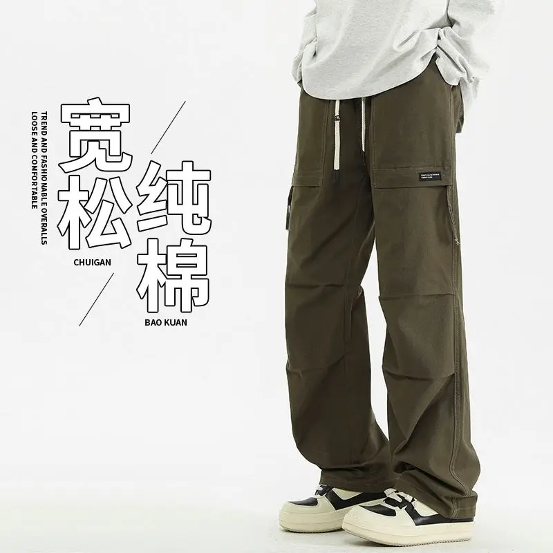سراويل رجالية للخريف الأمريكية عالية الشارع، سراويل عمل جديدة فضفاضة من القطن الخالص بأنبوب مستقيم ومتعددة الاستخدامات للرياضة والترفيه