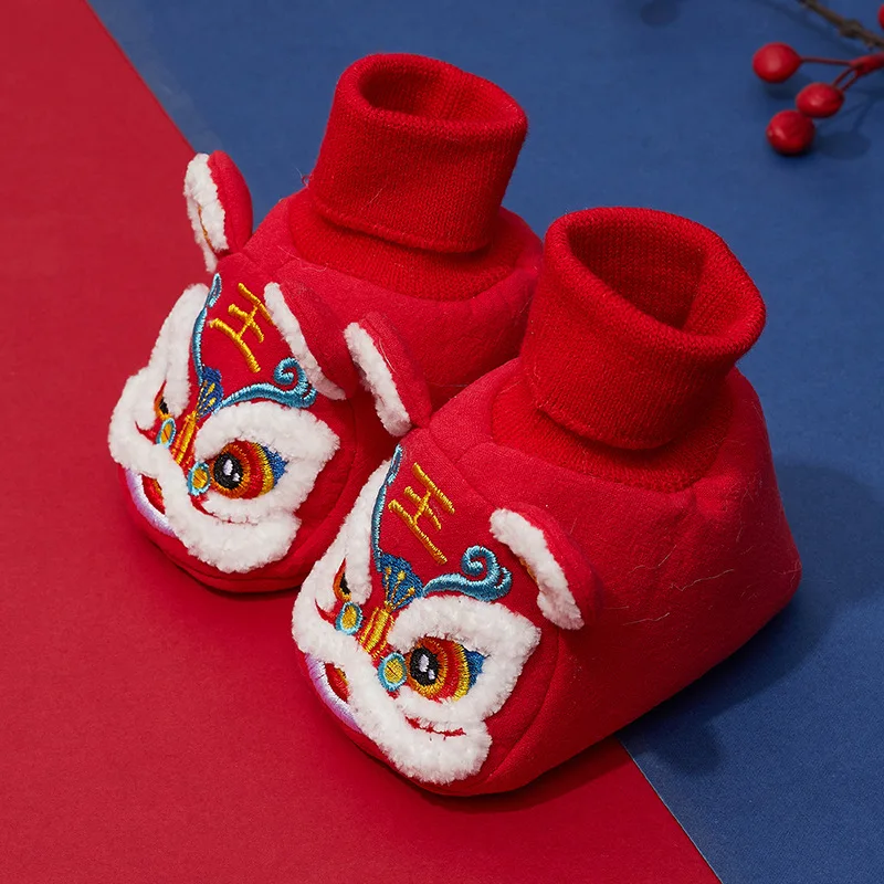 New Year Kids Shoes Infant Boys Girls Baby Winter Indoor Socks Shoes Toddler Floor Socks Shoes Red Chinese Style