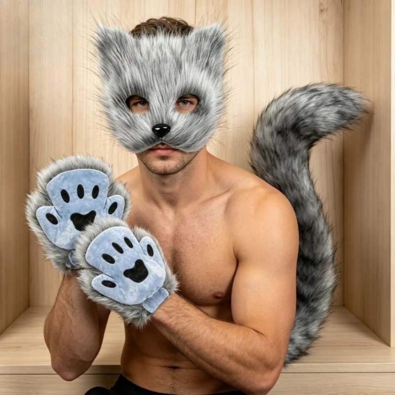 Men Cat Face Mask with Gloves and Detachable Plush Tail for Halloween Stage Performance Costume Accessory